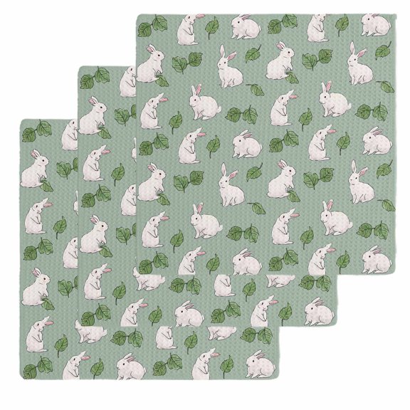 Cute Rabbits Kitchen Dish Towels for Drying Dishes Set of 3, Green Farmhouse Leaves Plants Cartoon Bunny Waffle Weave Microfiber Hand Tea Bathroom Towels Quick Dry & Absorbent Towel 12x12