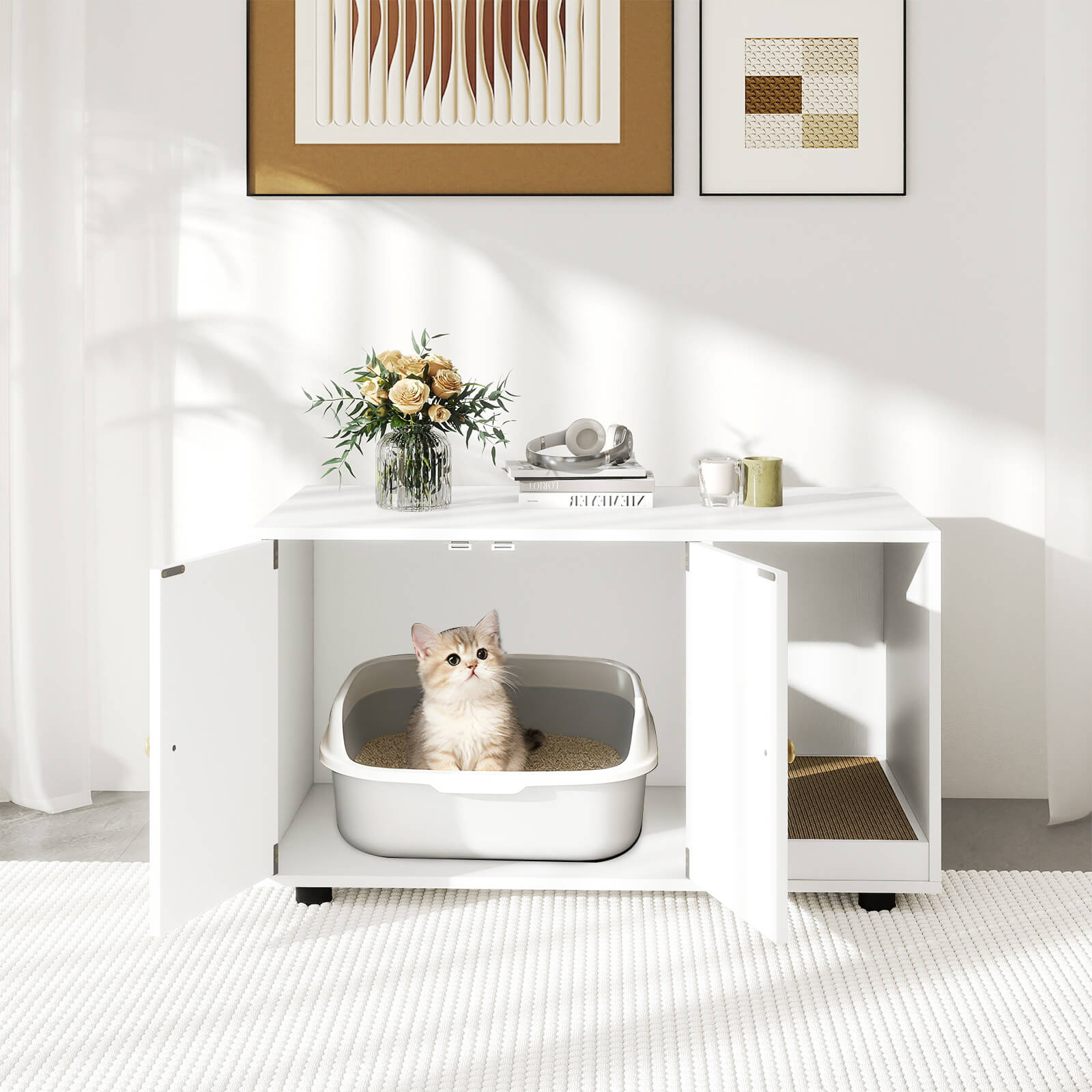 Costway Wooden Cat Litter Box Enclosure, Hidden Litter Box Furniture with Scratching Board White