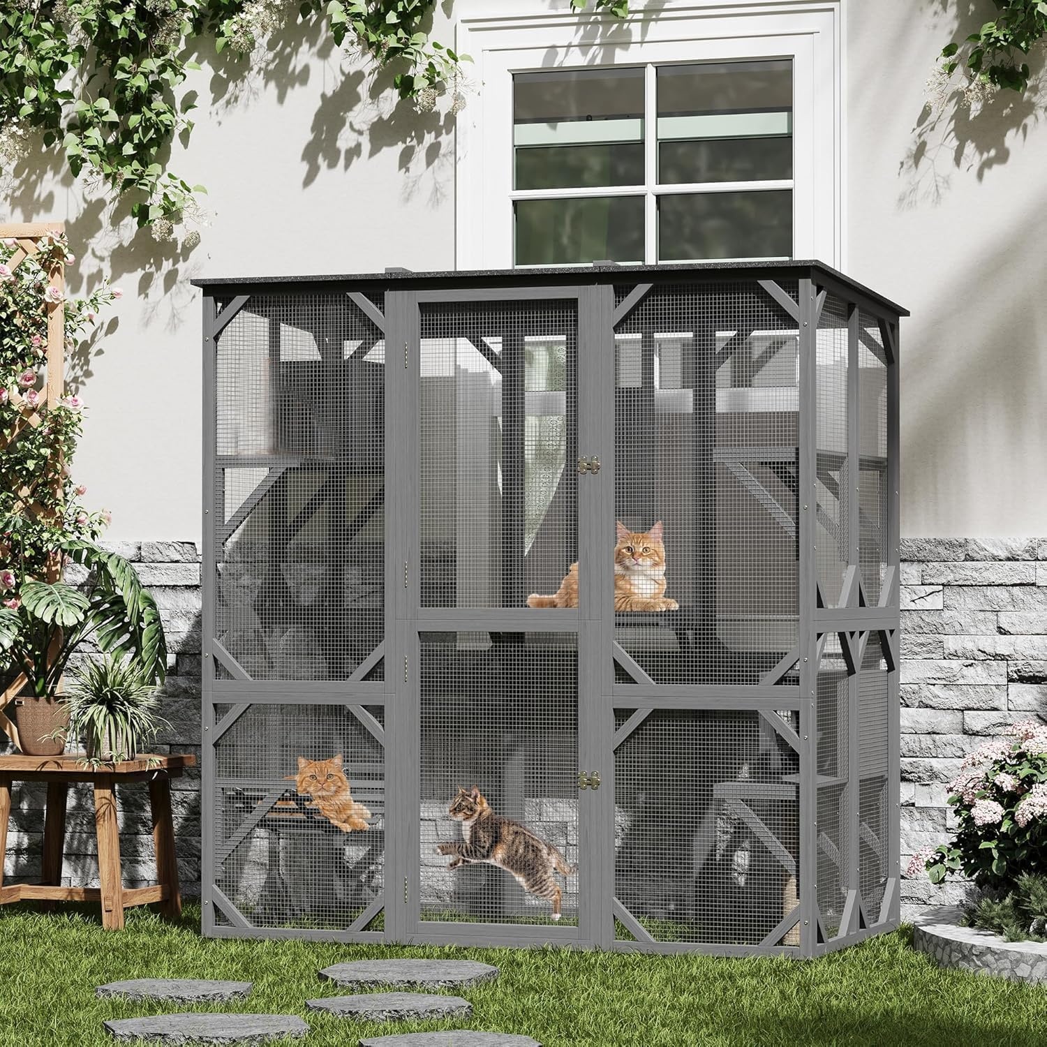 70'' Outdoor Cat Enclosure, Large Walk-in Catio Outdoor Cat Enclosure with Window, 4 Jumping Platforms & 2 Resting Box, Wooden Cat House Indoor with Scratching Post & Hammock, UV Resistant