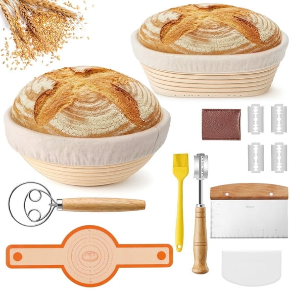 Vesteel 15Pcs Bread Proofing Basket Set, 9” Round and 10” Oval Banneton Bread Baking Baskets with Liner, Dough Baking Supplies Tools Included for Fermenting Baking