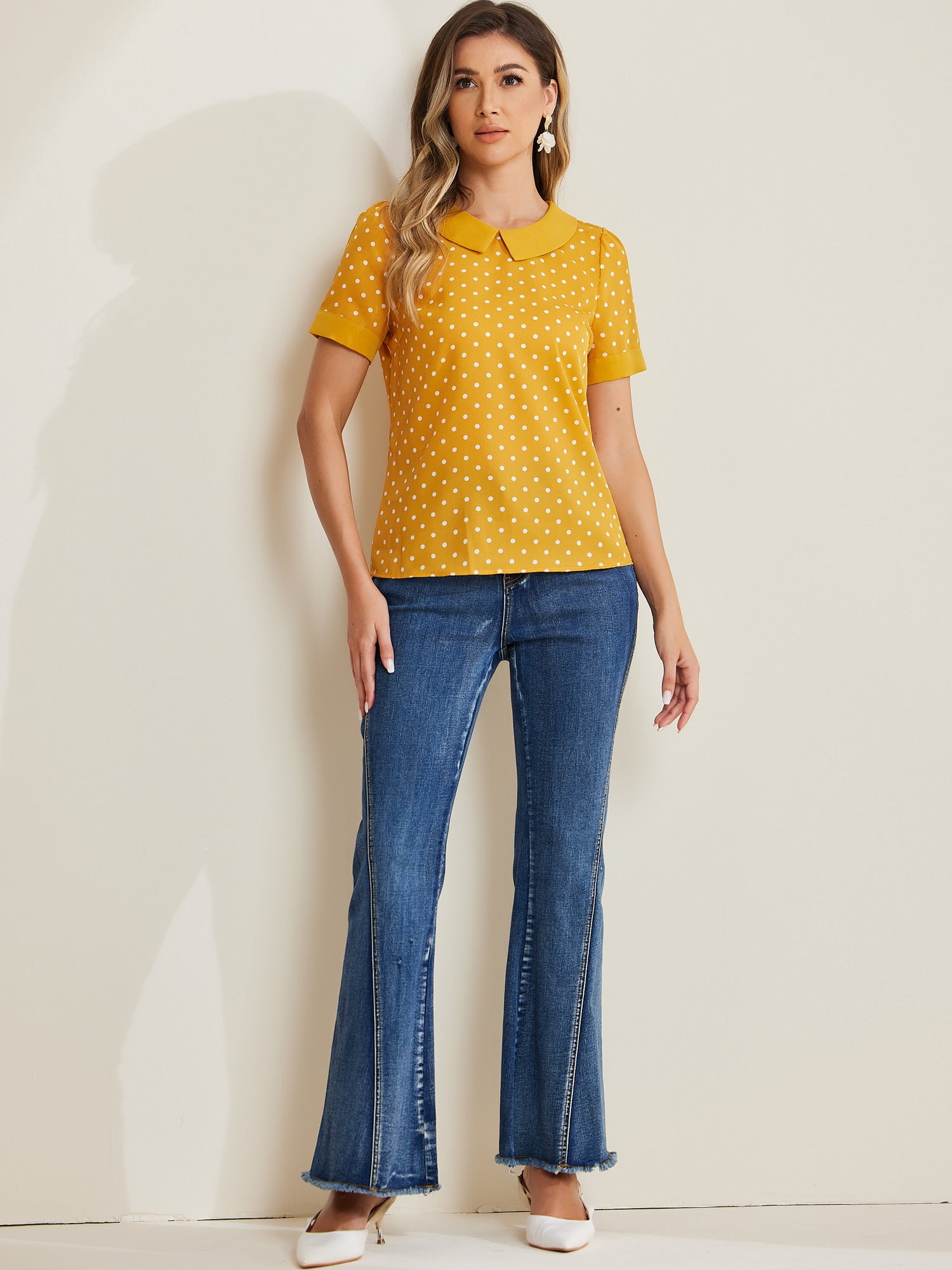 DARING DIVA Women's Peter Pan Collar Polka Dots Short Sleeve Tops M Yellow