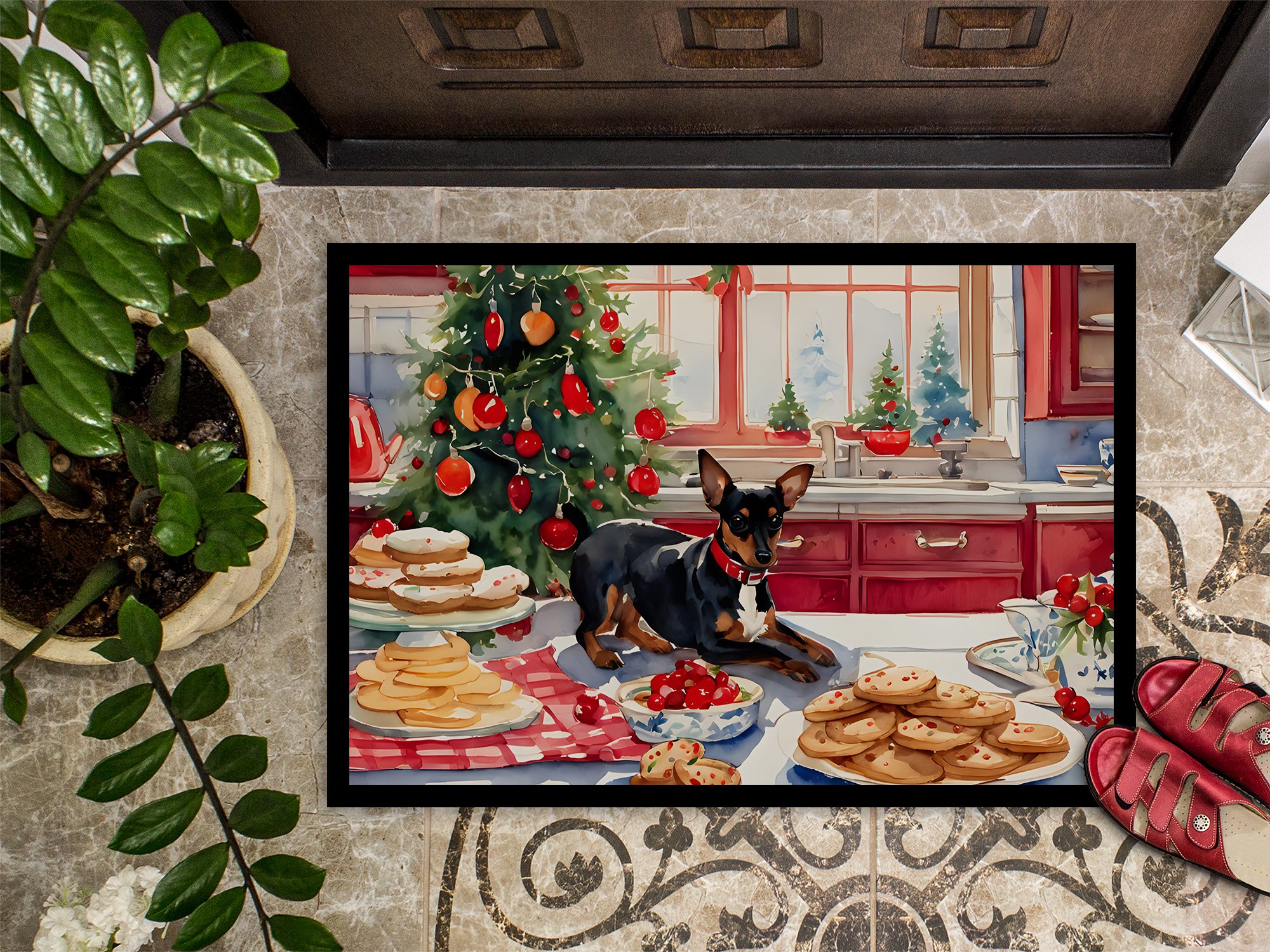 Carolines Treasures DAC3852JMAT 24 x 36 in.  Miniature Pinscher Christmas Cookies Doormat