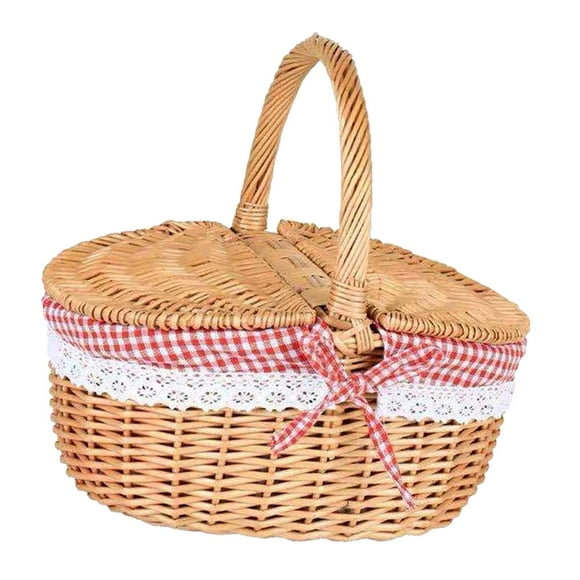Wicker Picnic Basket with Washable Lining Wicker Storage Hamper for Outdoor 25x18x27cm