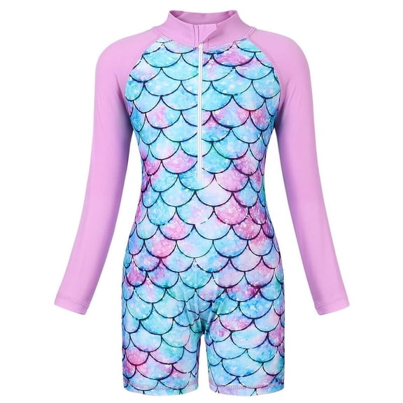 Marendyee Girls Mermaid Swimsuit Kids Ariel One Piece Swimsuit Long Sleeve UV Sun Protection Mermaid Scales Printed Zipper Front Swimming Wetsuit Athletic Romper 5-6 Years