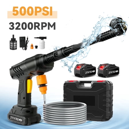 21V 6 In 1 Nozzles Car Power Cleaner Machine, 3200RPM,500PSI, Portable High Pressure Car Wash, Cordless Pressure Washer with 2 Rechargeable Batteries, 32.8FT Water Pipe