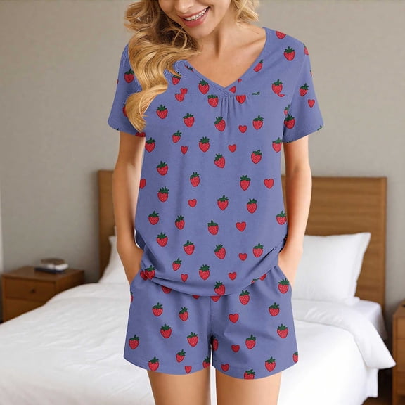Goodtrade8 Pocket Lounge Sets Petite Casual Short Sleeve Sleepwear V-Neck Printed Woman Pijamas