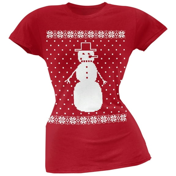 Big Snowman Ugly Christmas Sweater Red Soft Juniors T-Shirt - Small
