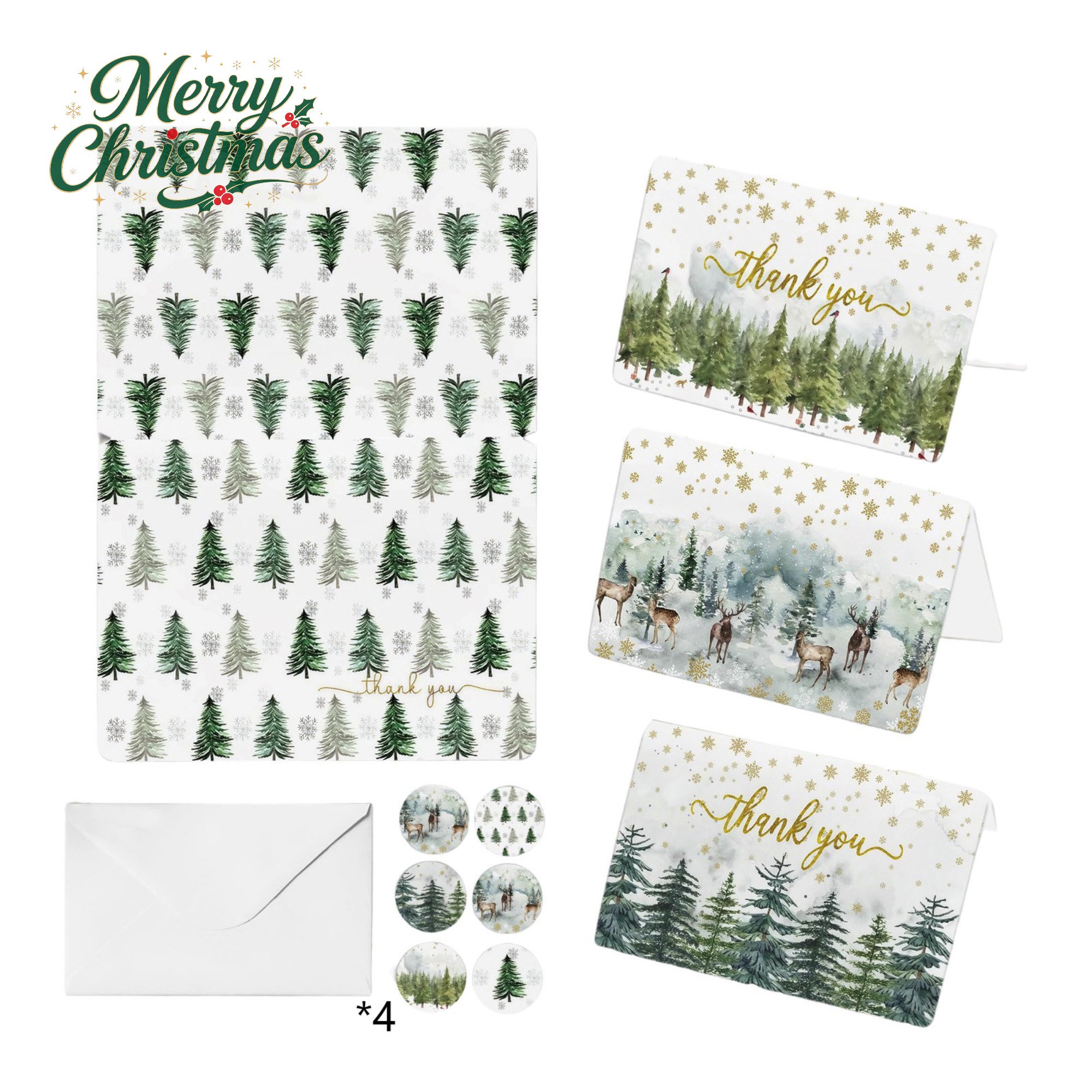 Christmas Greeting Cards Paper Blank Handwritten Rounded Fold Note Cards with Envelopes and Stickers Snowflake Deer Holiday Blessing Cards for Family Friends Christmas Holiday Home Decoration