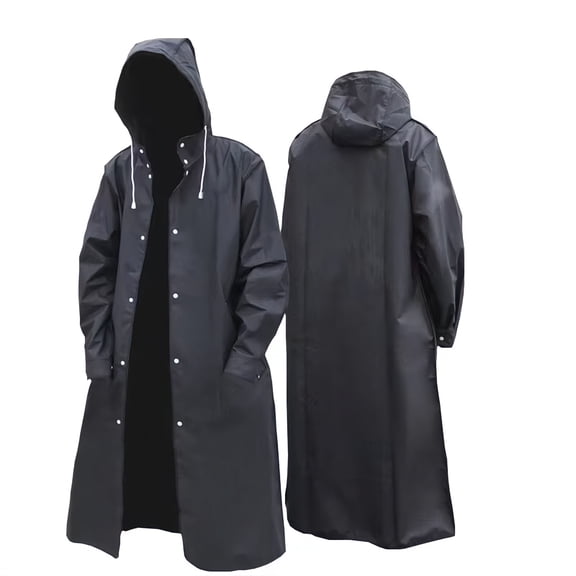 Black Long Hooded Raincoat Size XXL, EVA Waterproof Windproof Rain Jacket with Drawstring Hood for Hiking Outdoor