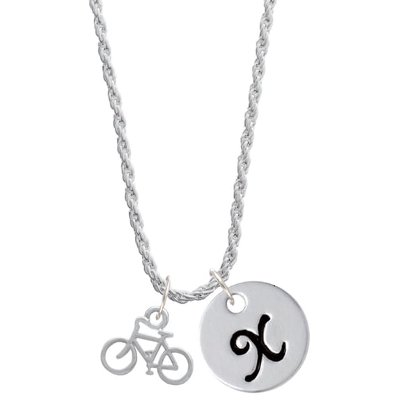 Delight Jewelry Silvertone Small Bicycle Silvertone Script Initial Disc - X - Charm Necklace, 20"+3"
