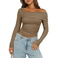 thumbnail image 3 of Arvbitana Women's Long Sleeve T-shirt One Off Shoulder Asymmetrical Neck Pullovers Tight Fitted Solid Color Ruched Shirt Crop Tops for Spring Fall Streetwear, 3 of 6