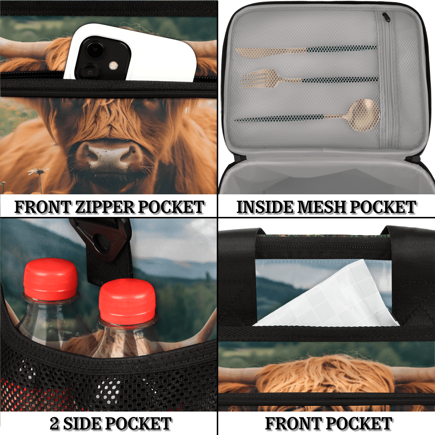 Herdesigns Highland Cow Spring Floral Large Lunch Box for Adults Women Men with Adjustable Shoulder Strap, Insulated Reusable Lunch Bag Leakproof Cooler Tote Bag