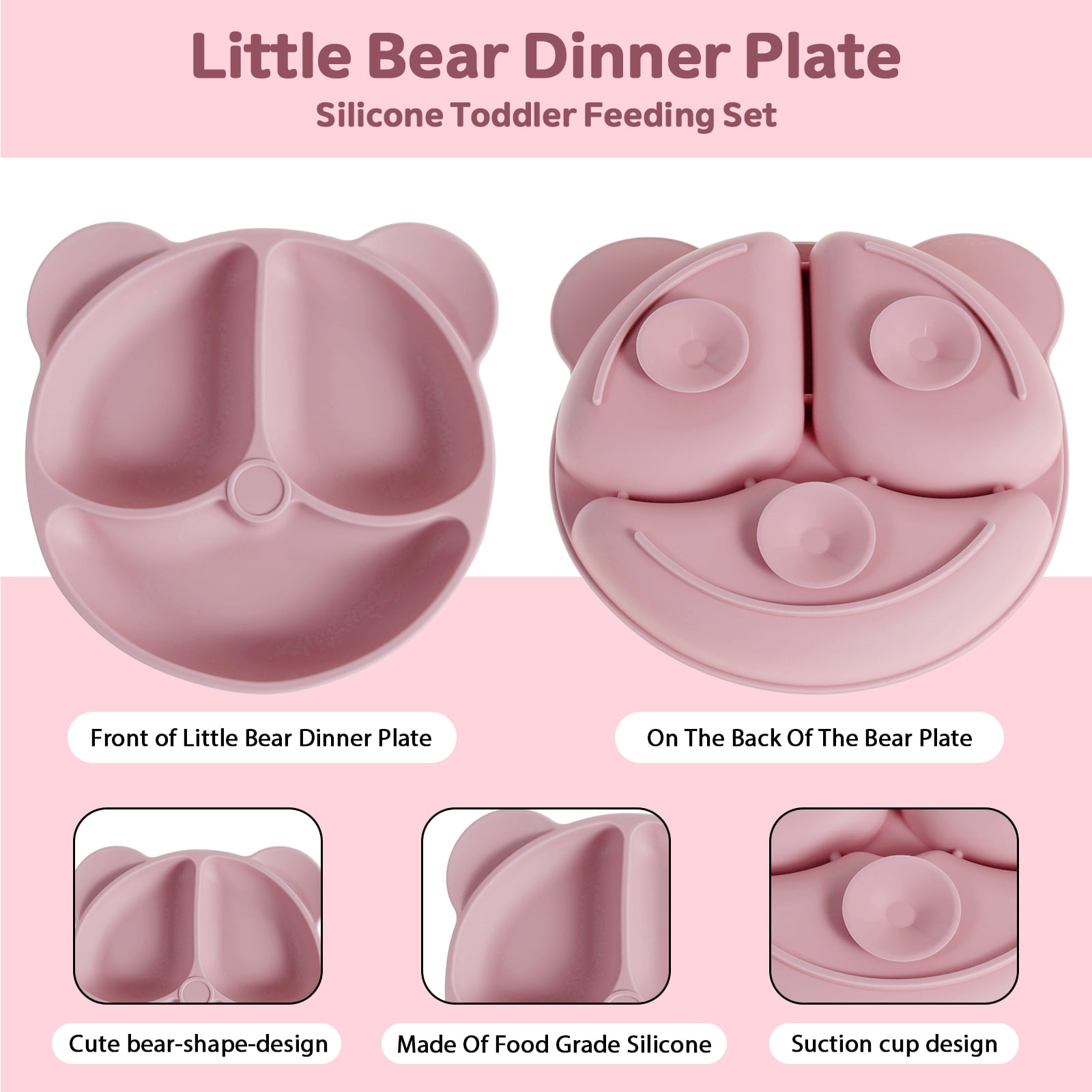 Protoiya 8Pcs Baby Feeding Set,Silicone Tableware Set Reusable Baby Led Weaning Supplies Washable Suction Baby Bowl and Plates for Toddlers Home(Pink)