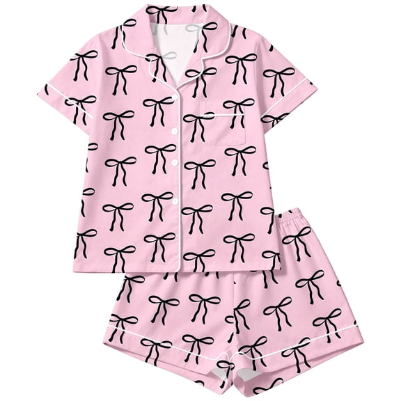 RUTAYY Girls Pajama Set 2 Piece Bow Graphic Pattern Short Sleeve Sleepwear Kids Indoor Casual Time Purple