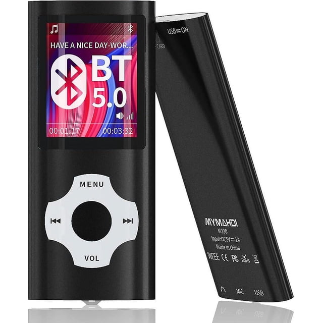 Reproductor MP3 negro con Bluetooth 5.0, pantalla LCD ultrafina de 1,8 pulgadas