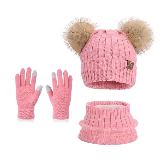 Watermelon Red Childrens Hats Scarves Gloves Set Winter Outdoor Warm Fleece Ear Protection Pompon Knitted Acrylic Free Size Watermelon Red Color Three Piece Set