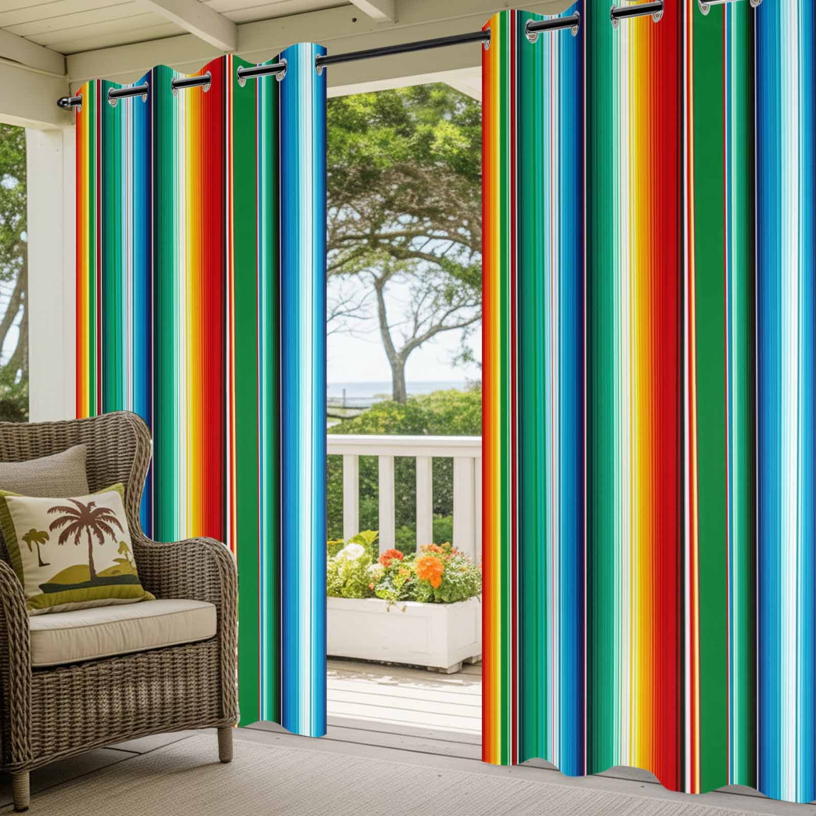 Outdoor Curtains for Patio Waterproof, Mexican Stripes Windproof