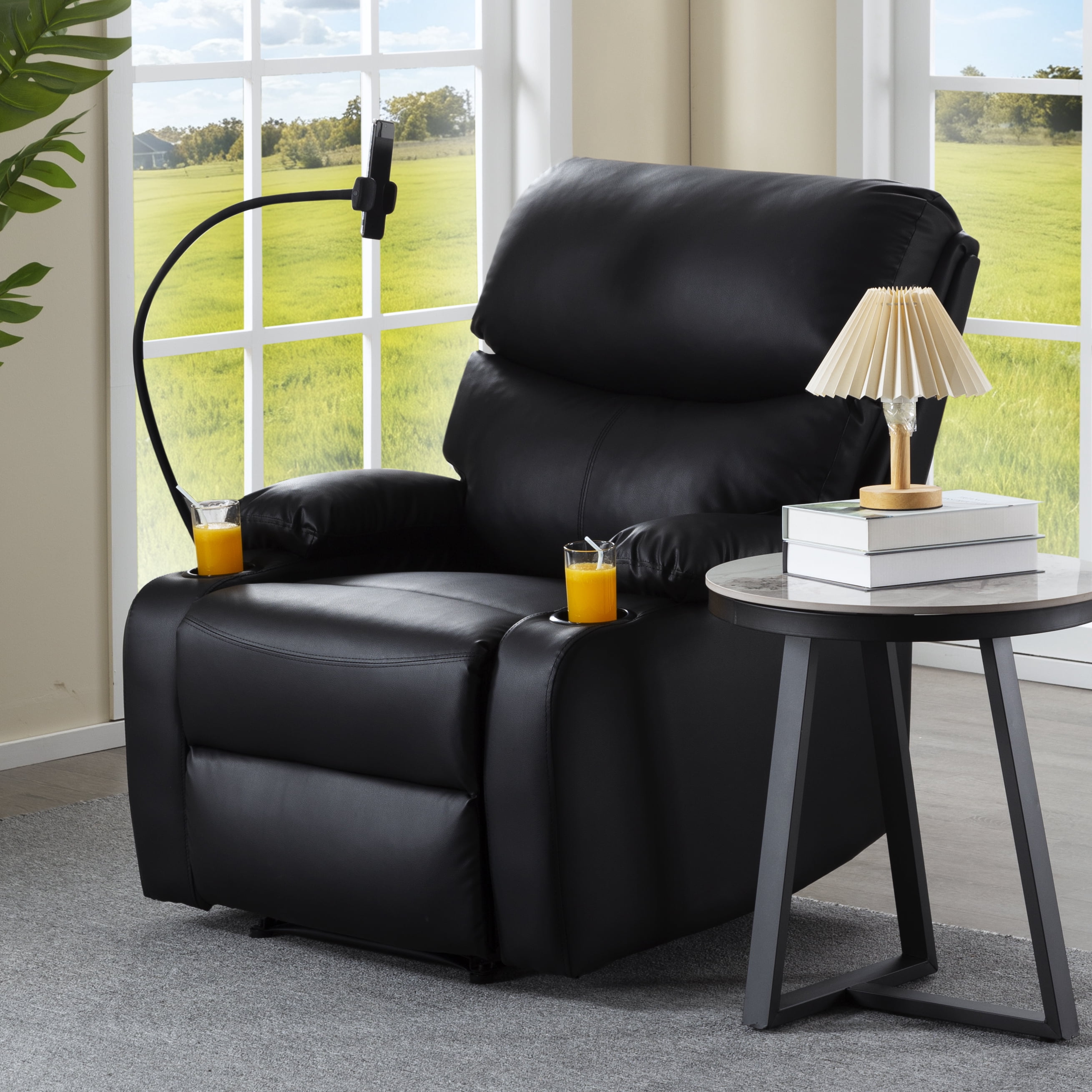 Gewnee Manual Reclining Chair,PU Leather Modern Overstuffed Recliner with Cup Holders & Phone Holder,Single Sofa for Living Room and Bedroom.