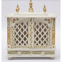 TAM Creatio Small Wooden Pooja Mandir Indian Hindu Decoration Puja Cabinet Temple Bhagwan Stand Mandapam Wall Hanging Decor for Home in USA (White Golden, Small-18X9X21)
