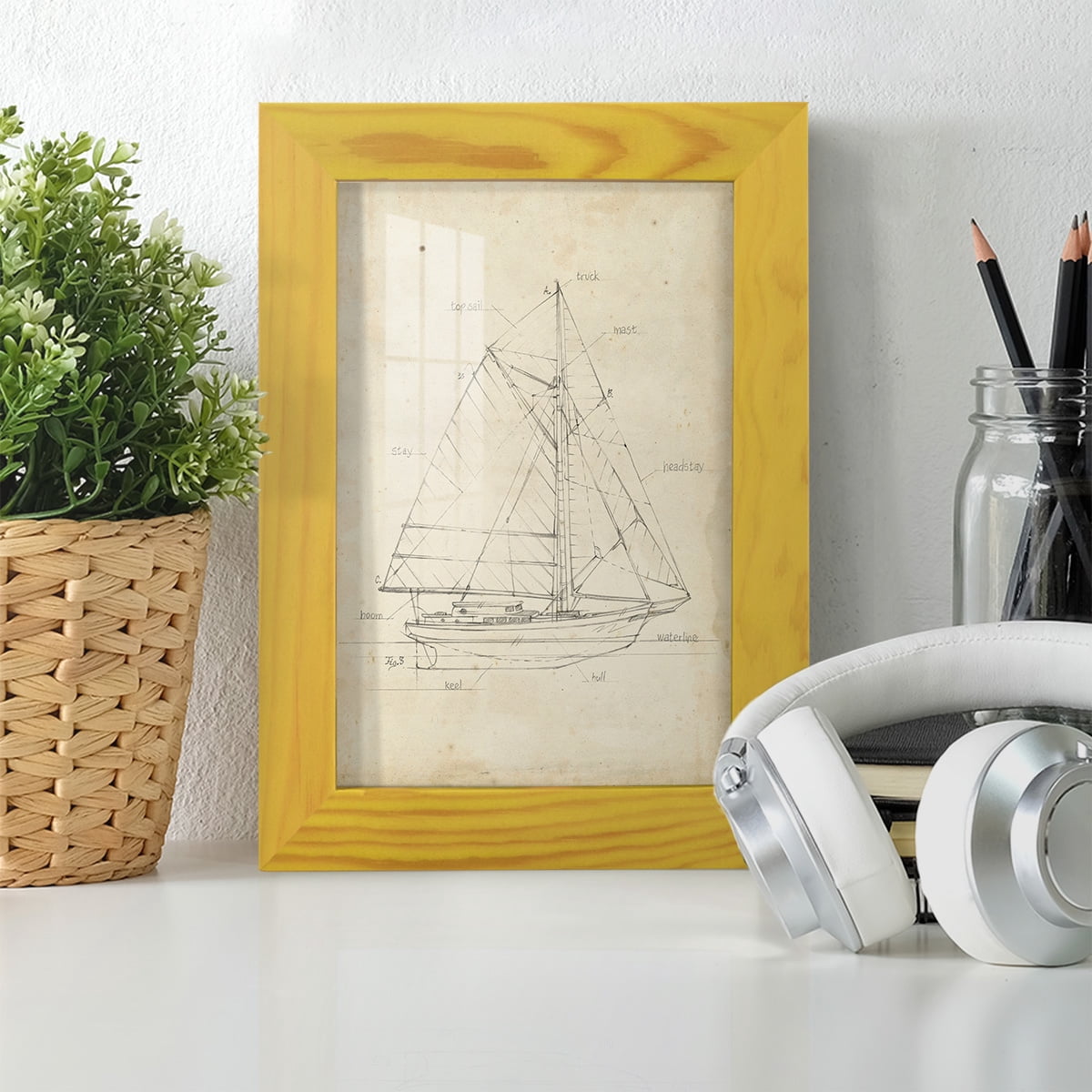 Sailboat Blueprint III -Framed Print w/glass-Sunflower Yellow