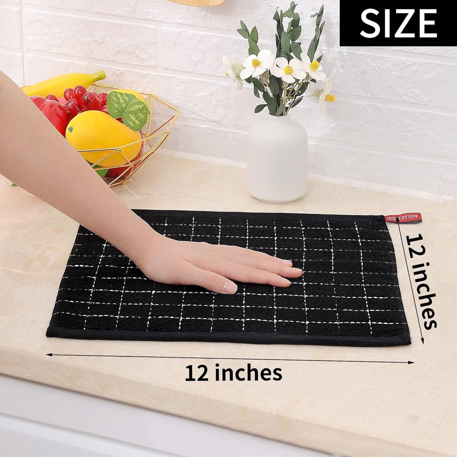 Cotton Terry Kitchen Towels(12*12inches), Checkered Designed, Soft and Super Absorbent Dish Towels, 4 Pack - Black