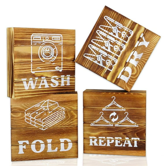 Modern 5th - Laundry Room Decor Farmhouse Style Wood Wall Signs, Wash Dry Fold Repeat (Set of 4 - 5.5 x 5.5 inches)
