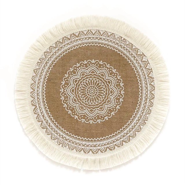 Royalbelle 4pcs Jute Simple Vaisselle Tapis Maison Rond Tissé Restaurant Tapis de Table Décoratif Rétro