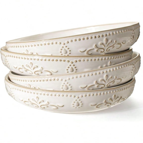 Pasta Bowls 50oz Large Salad Serving Bowls 9.75'' Plates Bowl Set of 4 Big White Ceramic Soup Bowl for Kitchen Emment Shallow Dinner Bowl Microwave Dishwasher Safe Damask Floral