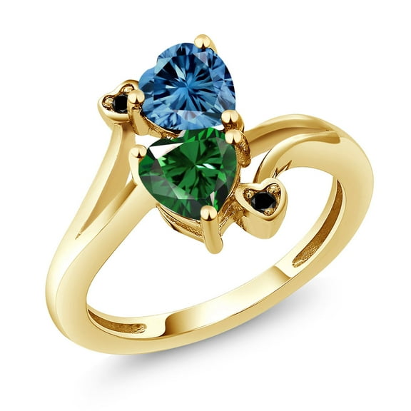 Gem Stone King 18K Yellow Gold Plated Silver Persian Blue Moissanite Green Nano Emerald and Black Diamond Ring for Women (1.53 Cttw, Heart Shape 6MM, Gemstone Birthstone, Size 6)