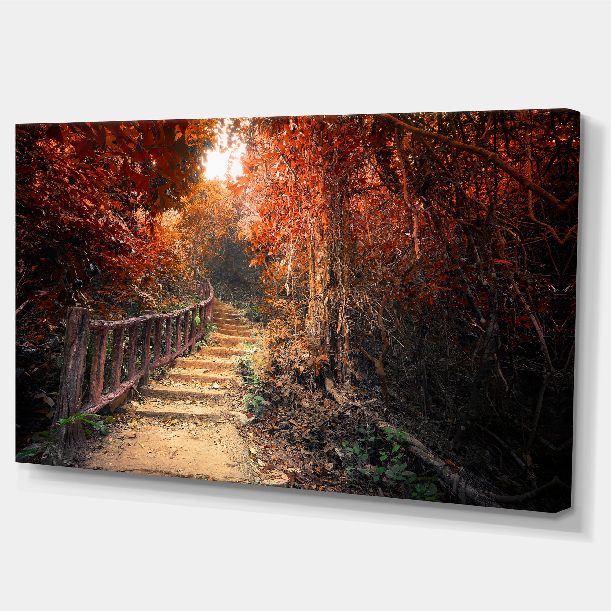 Designart 'Stairway Through Red Fall Forest ' Landscape Photography Canvas Print