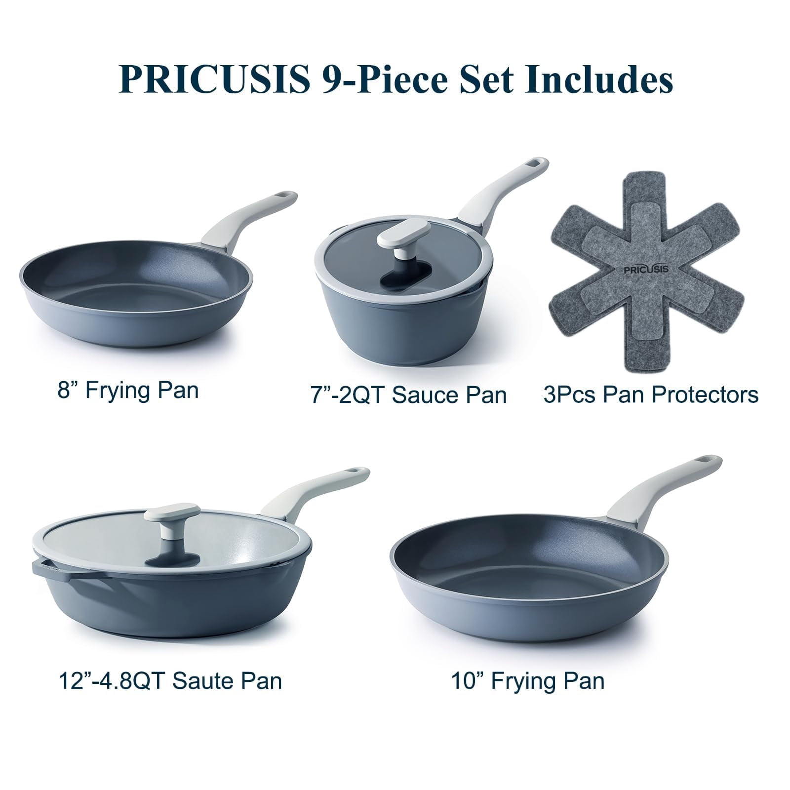 PRICUSIS Nonstick Pots and Pans Set, 9 Pieces Non Toxic Ceramic Nonstick Cookware, Healthy Omelete/Egg Skillet, Healthy Frying Pan, Induction Compatible, Blueberry Gray