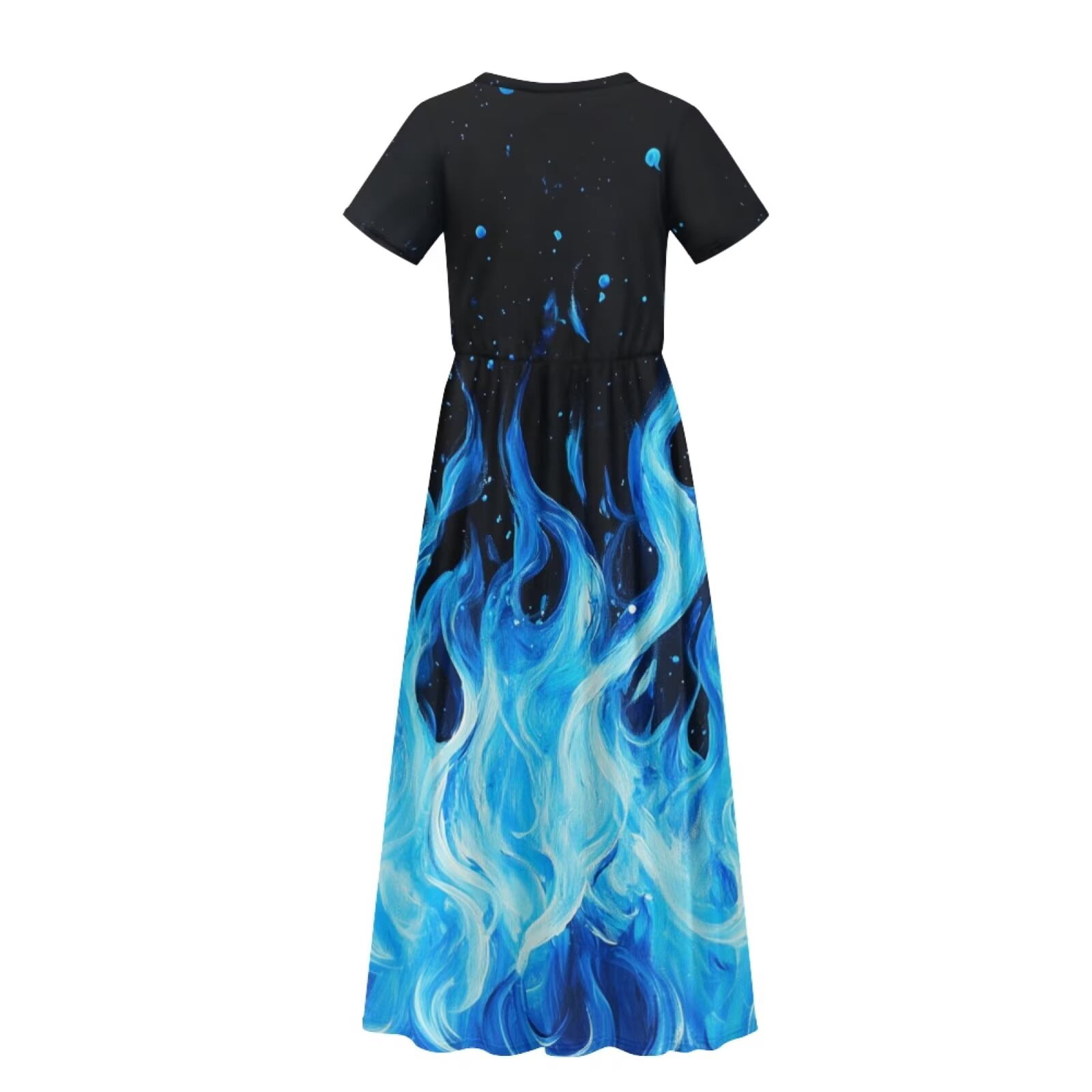 Uourmeti Girl's Maxi Dress Blue Fire Print Short Sleeve Long Dresses Crew Neck Elegant Casual Sundress with Pockets, Size 5-6 Years