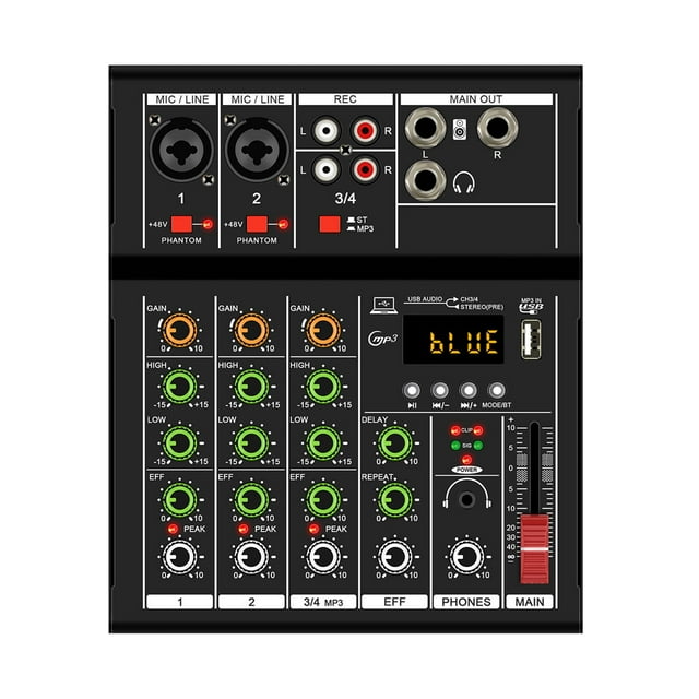 Audio Mixer 4 Channel 48V Power Professional for Recording Beginners Karaoke black