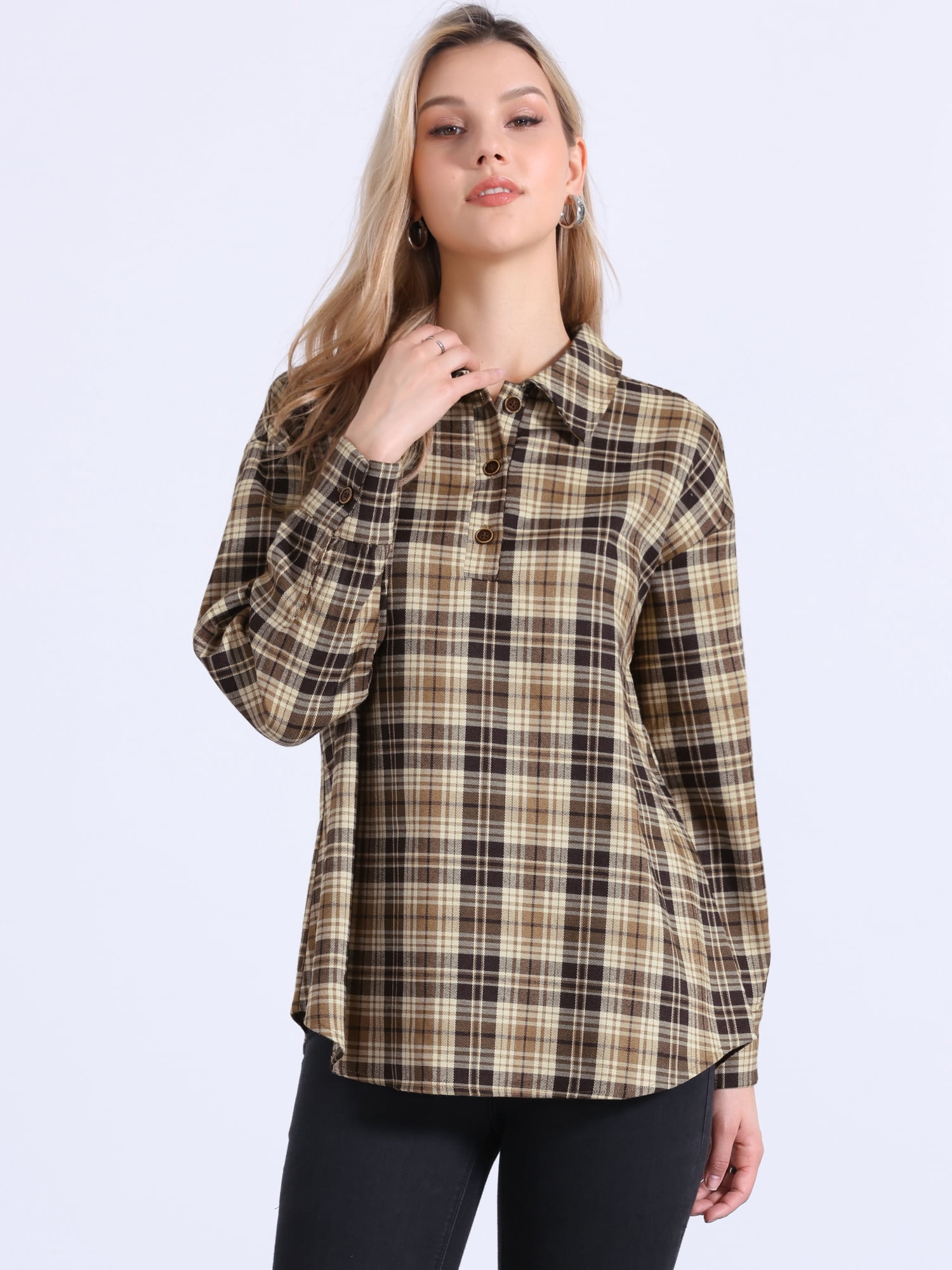 DARING DIVA Women's Casual Button Collared Long Sleeve Blouse M Brown