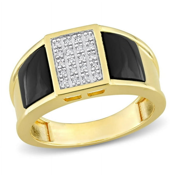 AMOUR 2 CT TGW Square Black Onyx and 1/10 CT TW Diamond Men's Ring In Yellow Plated Sterling Silver