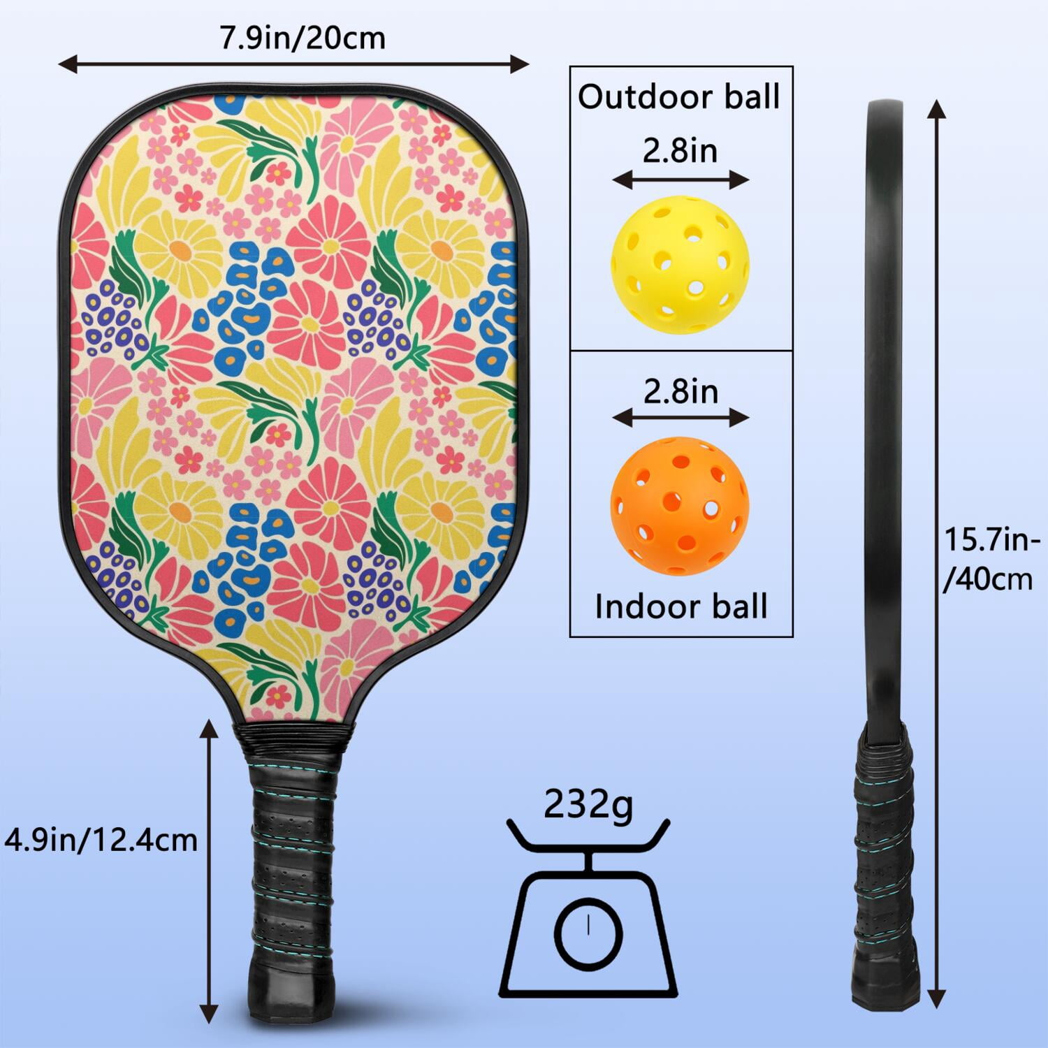 Pickleball Paddles Set Of 2, Fiberglass Surface, Spring Floral Print, 4 Balls & Bag