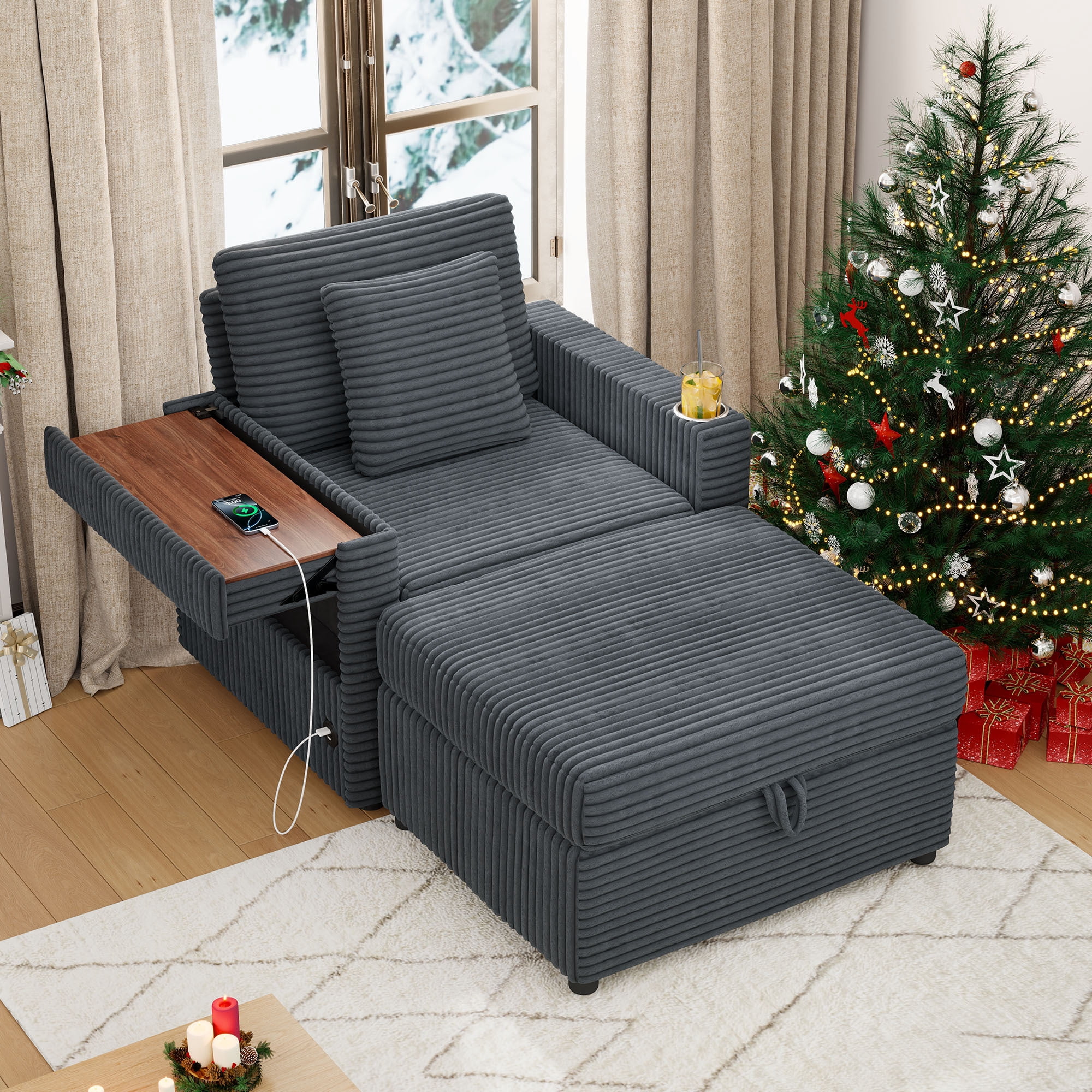 Lunale Accent Chair with Storage Ottoman, Indoor Lounge Chair with USB & Table Board, Cozy Corduroy Sofa Armchair for Living Room, Gray