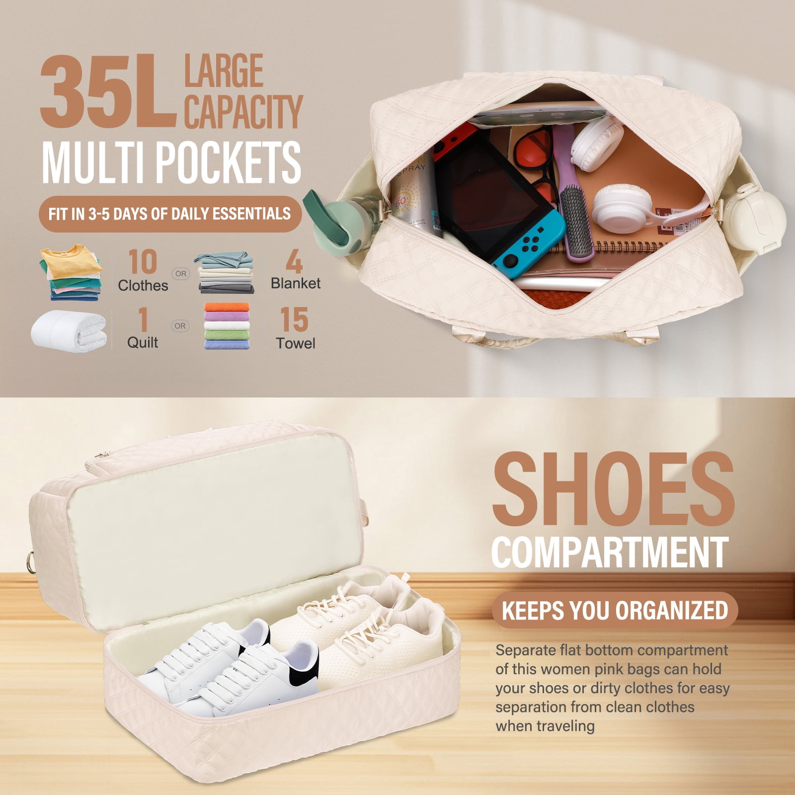 Livhil 2pcs Womens Overnight Bag, Carry on Weekender Bag with Shoe Compartment for Business Trips Sport Hospital, Beige