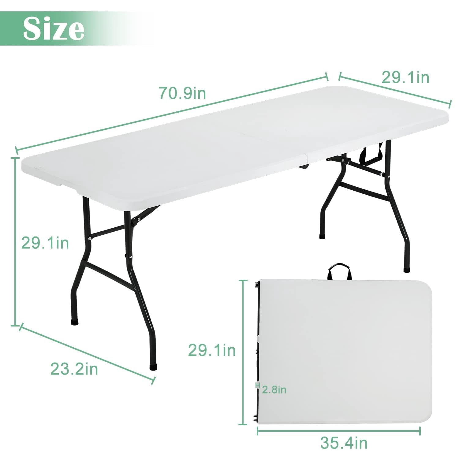 NiamVelo Folding Tables 6ft Folding Table Portable Plastic Indoor Outdoor Camping Dining Table with Carrying Handle, White