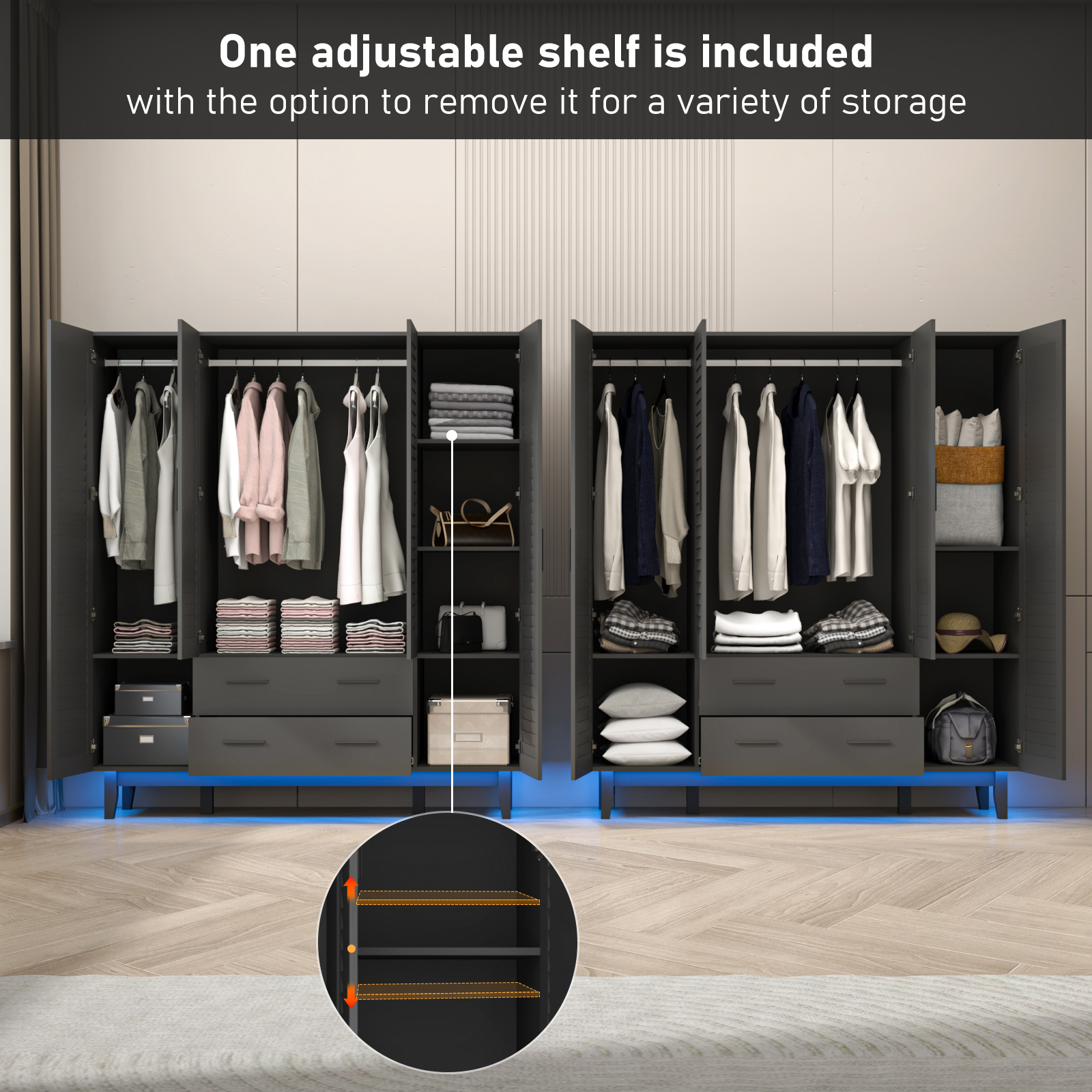 Blotout 70" Armoire Wardrobe Closet with Mirror & LED Lights, 4 Door Wardrobe Armoire with 2 Large Drawers, LED Wood Armoire Storage with Hanging Rods and Multi-Layer Shelves(Black)