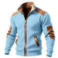 thumbnail image 2 of gbyLJF Men's Zipper Jackets Long Sleeve Leather Patchwork Tops Coats Fleece Stand Up Collar Color Blocked Jacket with Pockets, 2 of 5