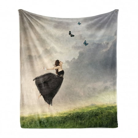 

Butterfly Soft Flannel Fleece Throw Blanket Poetry Bleak Weather Day Tulle Dress Jumping Girl with Butterflies Cozy Plush for Indoor and Outdoor Use 70 x 90 Olive Green Pale Grey by Ambesonne