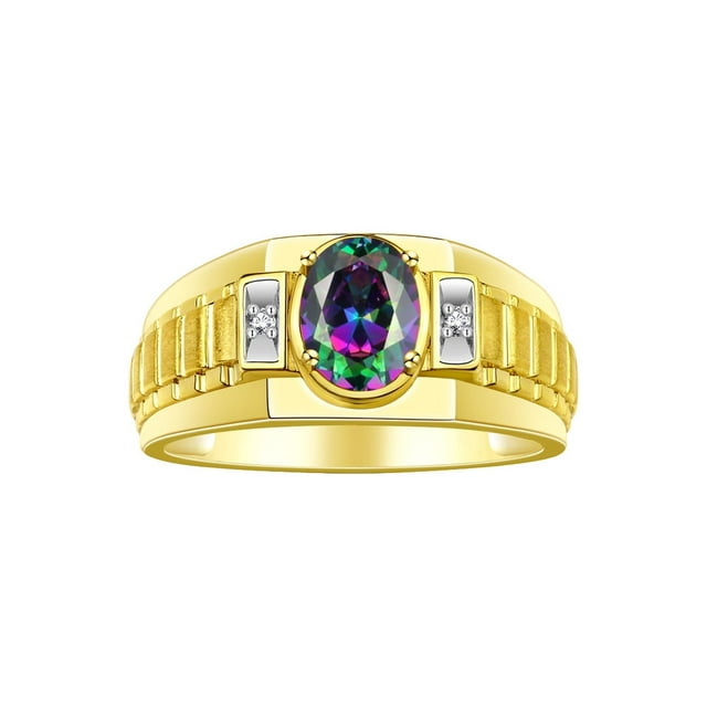RYLOS Men's Rings Yellow Gold Plated Silver Rings Classic Designer Style 8X6MM Oval Gemstone & Diamond Ring Alexandrite Birthstone Rings For Men Size 9