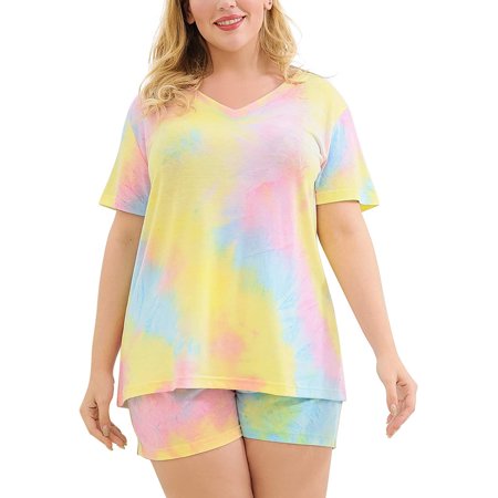 

Women s Plus Size Pajama Set Tie Dye Casual Pants V Neck Short Sleeve Cotton Tee 2 Piece Pajamas