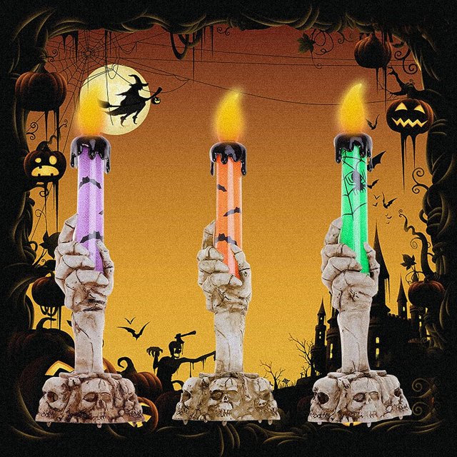 3 Pack Halloween Skull Candle Holder Light, Skeleton Ghost Hand Flameless Candle Lamp Party Bar Decoration Lamp (Green,