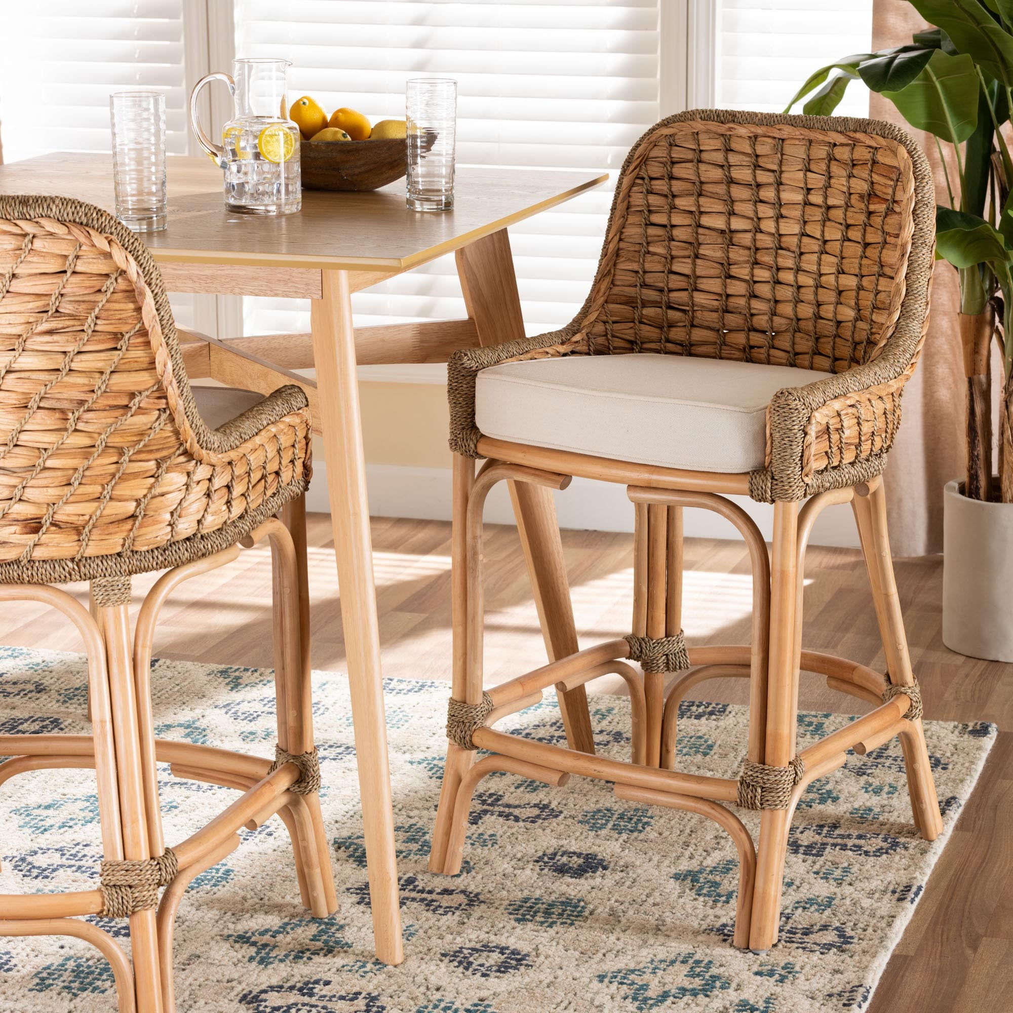 bali & pari Kyle Rattan, Mahogany wood and Seagrass BOHO Counter Stool, Natural Brown