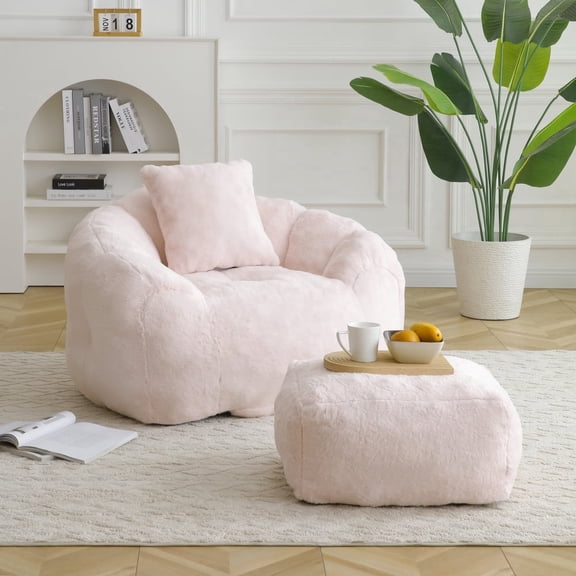 Big Bean Bag Chair with Footstool, Oversized Bean Bag, Faux Fur Shell-Shaped Large Chair with Filler, Stuffed Big Accent Sofa, Floor Sofa for Gaming Room, Reading Room, Living Room, Home Theater