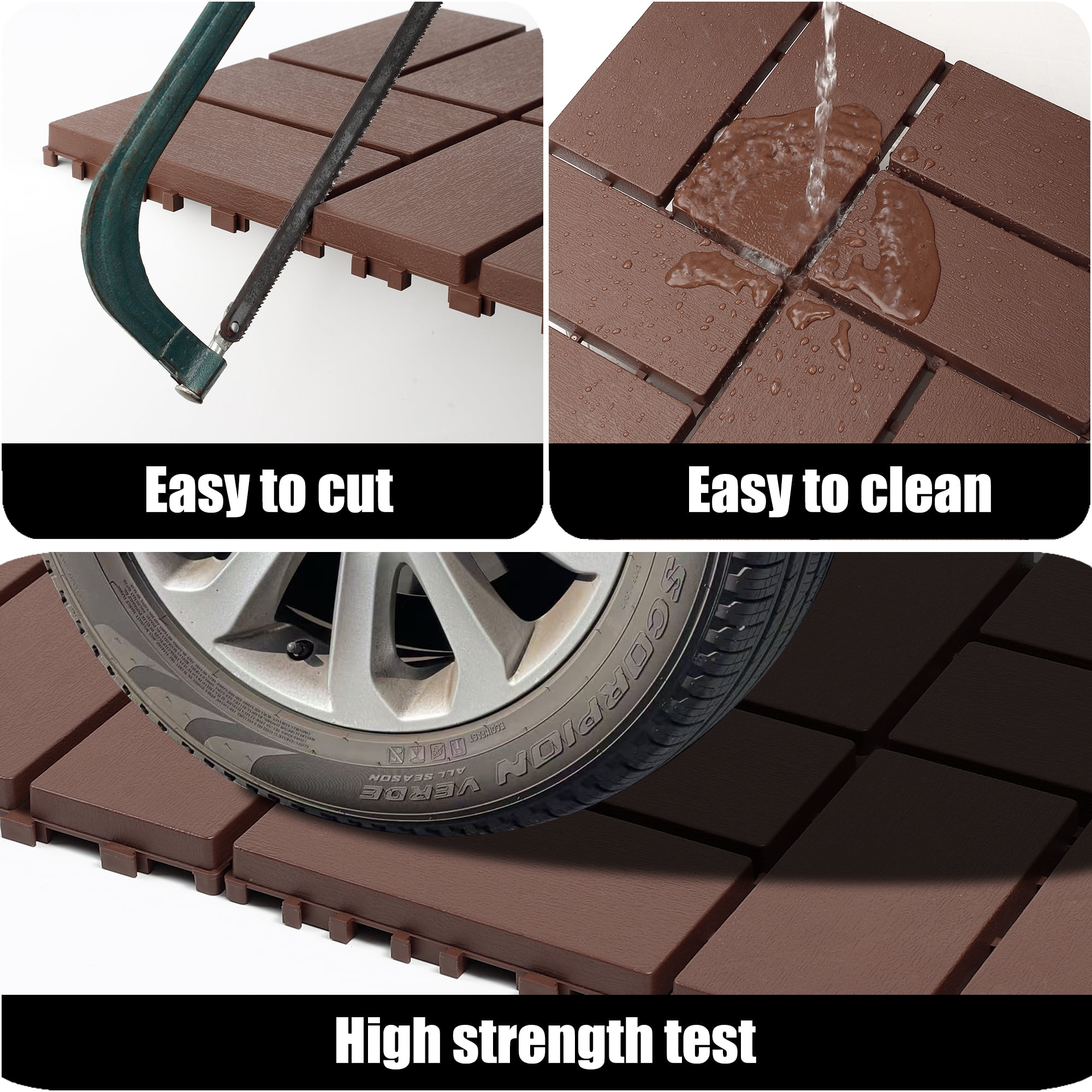 44 Pack Plastic Interlocking Deck Tiles,12"x12" Waterproof Indoor/Outdoor Floor Tiles,All-Weather Patio Floor Decking Tiles for Garden,Lawn,Porch,Poolside,Balcony,Checker Style,Brown