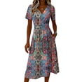 thumbnail image 5 of Minjewel Ladies Floral Casual Fashionable Short Sleeve V-Neck Dress for Spring Summer Women's Daily Casual Wear,Blue,2XL, 5 of 6