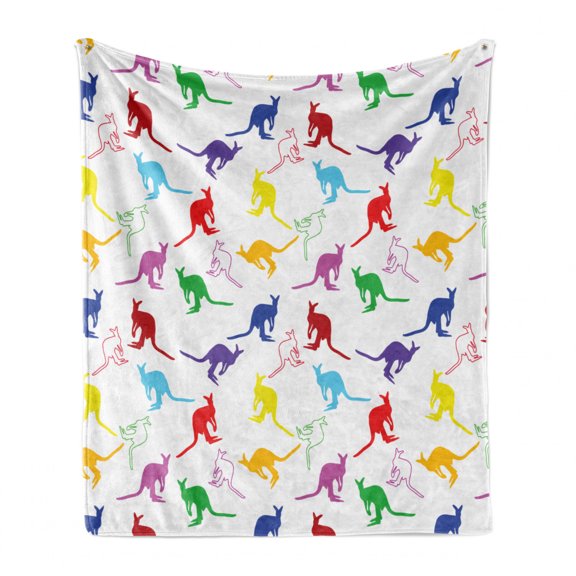Kangaroo Soft Flannel Fleece Throw Blanket, Wildlife Concept of Vibrant Color Hand-drawn Animal in Random Sequence, Cozy Plush for Indoor and Outdoor Use, 50" x 70", Multicolor, by Ambesonne